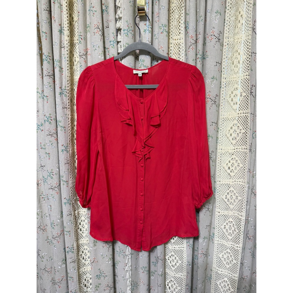 Annie Griffin Red 100% Silk Ruffle Button Front Blouse Medium